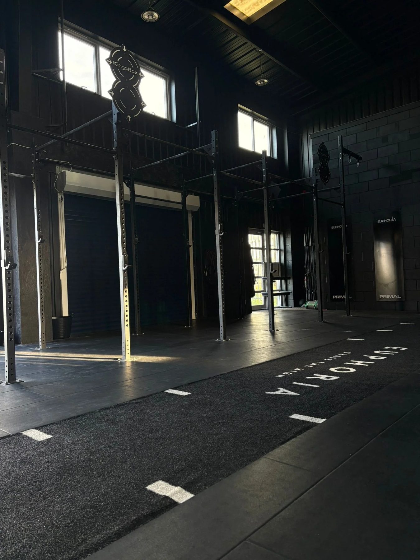 The main training floor with rigs and the Euphoria floor logo